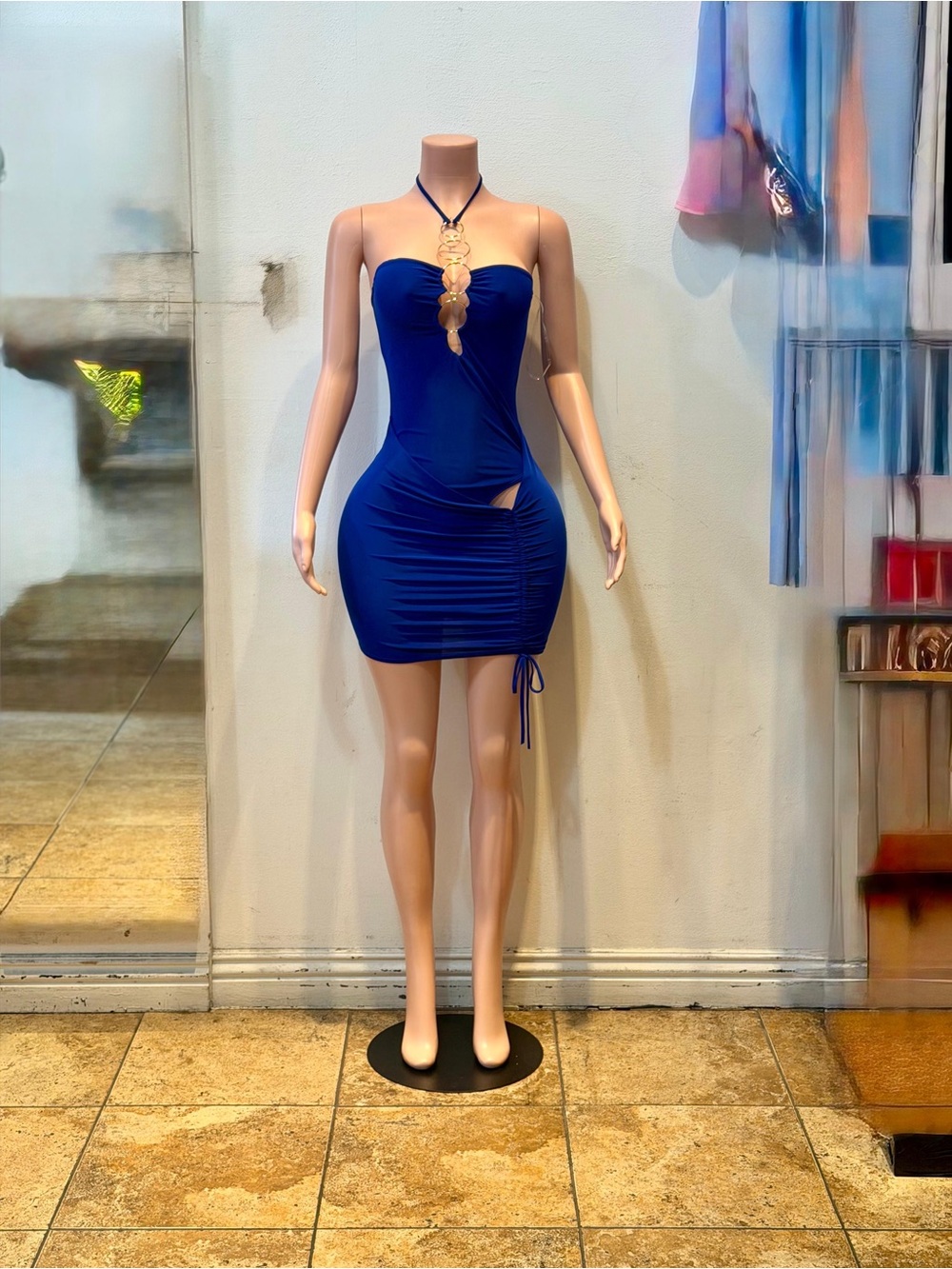Strapless Navy Blue Ruched Cutout Mini Dress